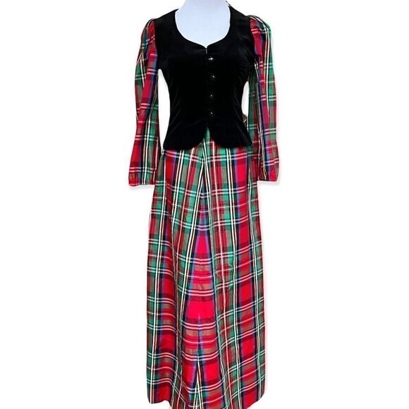 Vintage Prairie Goth? Black Velvet & Red Plaid Two Piece Maxi Skirt And Jacket S - Picture 1 of 14